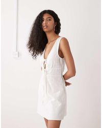 Monki - Linen Blend Tie Front Mini Dress - Lyst
