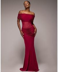 Goddiva - Gathered Off The Shoulder Mesh Waist Panel Maxi Dress - Lyst