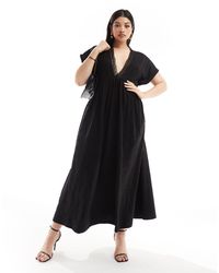 ASOS - Asos design curve - robe mi-longue en broderie anglaise à manches courtes et col en v - noir - Lyst