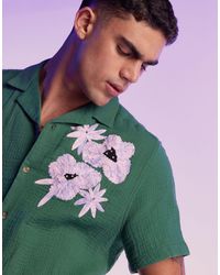 ASOS - Relaxed Revere Crinkle Shirt With Floral Hand Embroidered Applique - Lyst