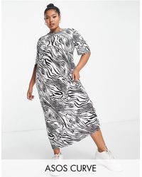 ASOS - Asos design curve - robe t-shirt mi-longue plissée à zébrures - noir et blanc - Lyst