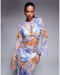 ASOS - Crop Top Van Chiffon Met Lange Mouwen En Schelpenprint, Deel Van Co-Ord Set - Lyst