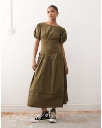 Reclaimed Vintage - Midi Dress With Puff Sleeves And Tie Front Detail - Lyst