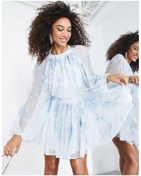ASOS - Floral Embroidered Mesh Mini Dress With Blouson Sleeve - Lyst