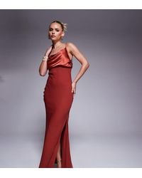 ASOS - Vestido Largo Rojo Tostado Asimétrico Con Diseño Drapeado De Mezcla De Satén Y Chifón De Asos Design Petite - Lyst