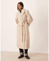 ASOS - Abrigo Con Mangas Abombadas, Cinturón Estrecho Y Acabado Cepillado De -Neutro - Lyst