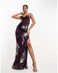 ASOS - Asos - robe longue coupée en biais à col bénitier et imprimé aquarelle avec fleurs ornementées - violet - Lyst