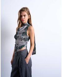 TOPSHOP - Floral Print Mesh Asymmetric Scarf Detail Top - Lyst