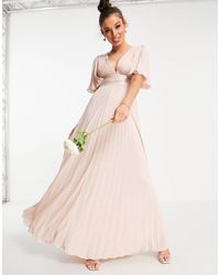 ASOS Bridesmaid Pleated Flutter Sleeve Maxi Dress With Satin Wrap Waist - Pink