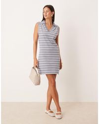Mango - Vestido Corto Azul A Rayas Blancas Sin Mangas Con Cuello Estilo Polo De Punto De Algodón De - Lyst