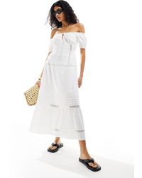 ASOS - Off Shoulder Midi Dress With Pintucks & Crochet Trims - Lyst
