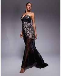 ASOS - Sculpted Boned Corset Detail Bandeau Lace Maxi Dress With Fishtail Hem And Contrast Lining - Lyst