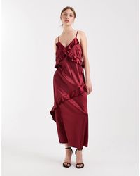 Object - Robe caraco longue en satin à volants - bordeaux - Lyst