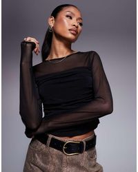 ASOS - Top Van Mesh Met Gedrapeerde Voorkant En Lange Mouwen - Lyst