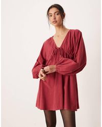ASOS - Corduroy V-neck Tie Bust Mini Dress With Volume Sleeve - Lyst