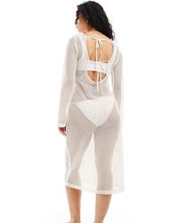 Pieces - Vestito Midi Da Spiaggia Traforato Color Crema Con Maniche A Campana - Lyst