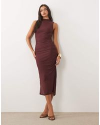Vila - High Neck Mesh Ruched Detail Midi Dress - Lyst