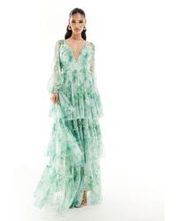 LACE & BEADS - Sheer Sleeve Tulle Maxi Dress - Lyst