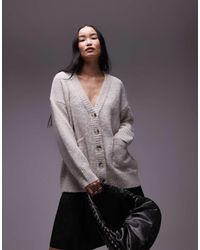 TOPSHOP - Cárdigan Extragrande Con Cuello De Pico Y Bolsillos De Punto Mullido De -Beis Neutro - Lyst