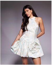 ASOS - Jacquard Mini Dress With Bubble Hem With Tie Neck - Lyst
