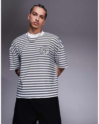 ASOS - T-Shirt Oversize Squadrata Nera E Bianca A Righe Con Spalle Scivolate E Ricamo Sul Petto - Lyst