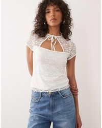 Miss Selfridge - Short Sleeve Tie Neck Lace Top - Lyst