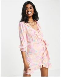TOPSHOP - Washed Neon Floral Mini Wrap Dress - Lyst