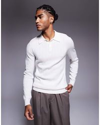 ASOS - Geribbeld Gebreide Muscle Fit Polo Met Lange Mouwen - Lyst