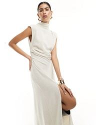ASOS - Linen High Neck Grown On Sleeve Midi Dress With Open Back And Button Neck Detail - Lyst