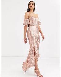 Bariano Bardot Midi Sequin Dress With Dip Hem - Pink