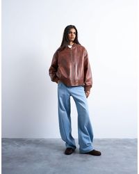 TOPSHOP - – kragenlose oversize-bomberjacke aus kunstleder mit vintage-waschung - Lyst