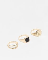 ASOS - Set Van 3 Zegelringen Met Zwarte Steen - Lyst
