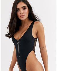 ASOS Addison Bonded Soft Body With Zip Front & Fishnet Back - Black