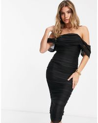 Missguided – es Midikleid mit Raffung aus Netzstoff - Schwarz