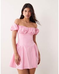 Kaiia - Exclusivité - - robe longue tendance folk plissée sur les hanches en coton à manches bouffantes - pastel - Lyst