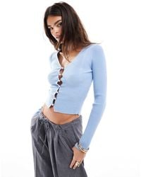 Miss Selfridge - Cosy Knit Rib V Neck Faux Pearl Button Detail Long Sleeve Top - Lyst