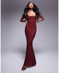 ASOS - Vestido Largo Rojo Vino De Tirantes Con Escote Cuadrado, Diseño Termosellado Y Detalle De Cordón En La Espalda De - Lyst