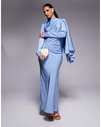 ASOS - Vestido Largo Azul Empolvado De Corte Al Bies Con Diseño Drapeado Y Detalle De Pañuelo Colgante De Satén De - Lyst