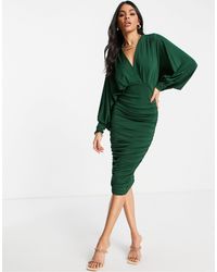 AX Paris Plunge Front Ruched Midi Bodycon Dress - Green