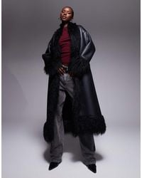 Aria Cove - shaggy Faux Fur Trim Leather Look Maxi Coat - Lyst