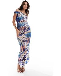 ASOS - Vestido Largo Con Estampado De Pintura Abstracta, Falda Fruncida Y Escote Bardot Suelto De Malla De - Lyst