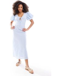 ASOS - Dobby Cotton Midi Dress With Keyhole & Puffed Sleeve - Lyst