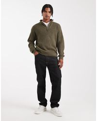 New Look - Maglione Lavorato A Coste Inglesi Kaki Scuro Con Zip Corta - Lyst