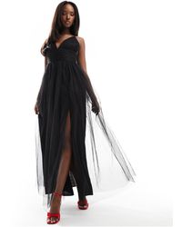 LACE & BEADS - Cross Back Tulle Maxi Dress - Lyst