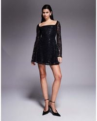ASOS - Sequin Square Neck Mini Dress With Fluted Sleeves - Lyst