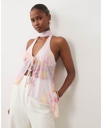 ASOS - Printed Mesh Tie Front Asymmetric Hem Halter Top - Lyst