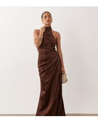 TFNC London - Tfnc Bridesmaid Petite Satin Halter Neck Pleat Detail Maxi Dress - Lyst