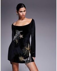 ASOS - Super Scoop Long Sleeve Mini Dress With Aline Skirt And Celestial Embellishment - Lyst