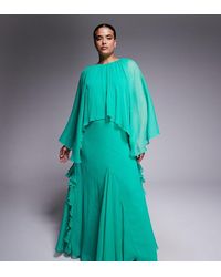 ASOS - Vestido Largo Aguamarina Luminoso De Corte Trapecio Con Capa Superpuesta Y Volantes De Chifón De Asos Design Curve-Azul - Lyst