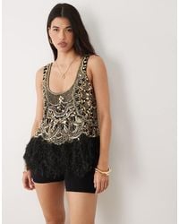 ASOS - Scoop Neck Embellished Top With Faux Feather Hem - Lyst